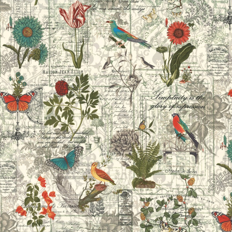 3 Sistersin Rendezvous-kokoelman Botanical Collage Porcelain -puuvillakangas, luonnonvalkoisella pohjalla kukkia, lintuja ja perhosia, täydellinen tilkkutöihin ja sisustukseen.
