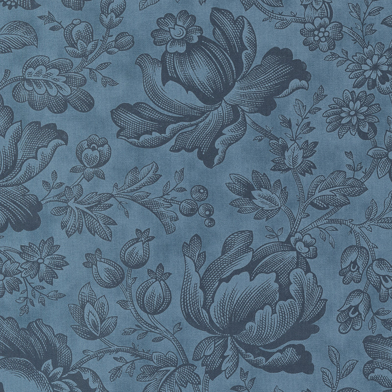 Tummansininen puuvillakangas, jossa on romanttinen kukkaiskuvio, osa 3 Sisters -suunnittelijan Cascade-kokoelmaa. Elegantti ja hienostunut valinta tilkkutöihin ja muihin käsitöihin.