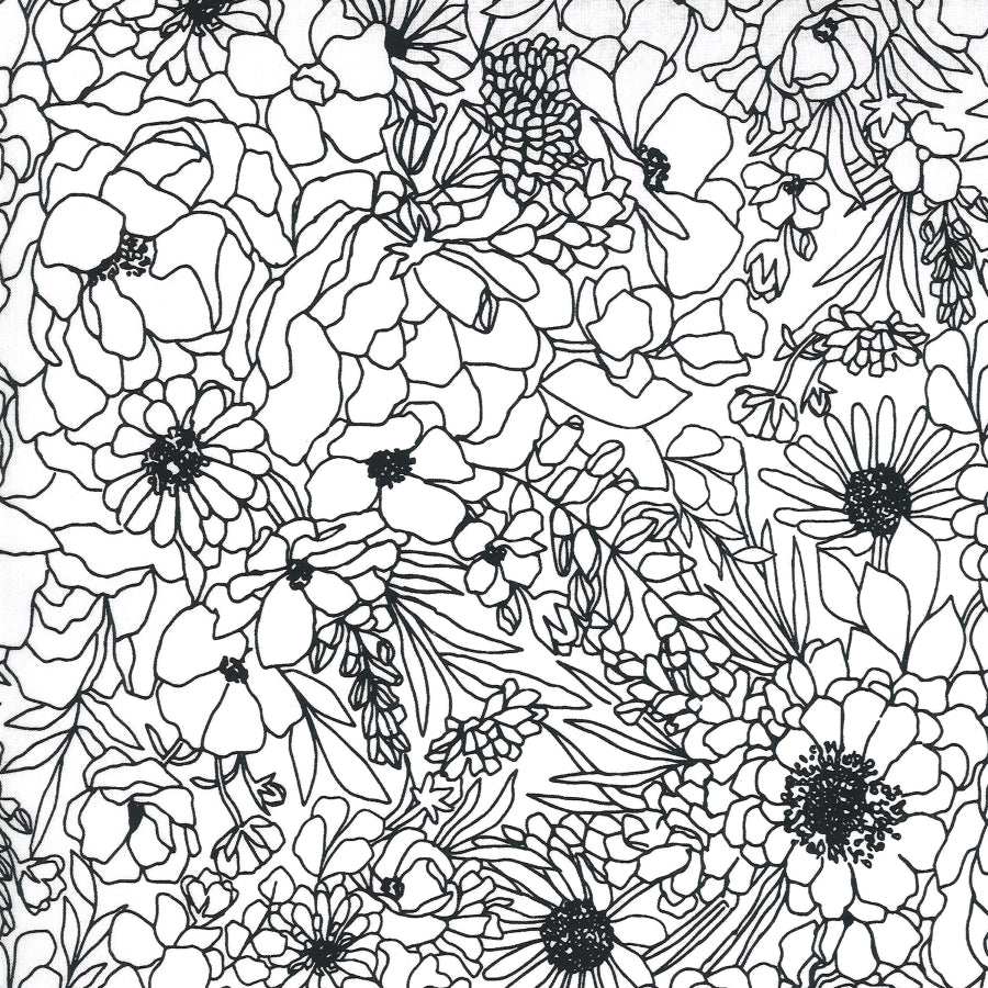 Alli K Designsin Illustrations-kokoelman Paper-puuvillakangas, mustavalkoinen kangas yksityiskohtaisilla kukkapiirroksilla.