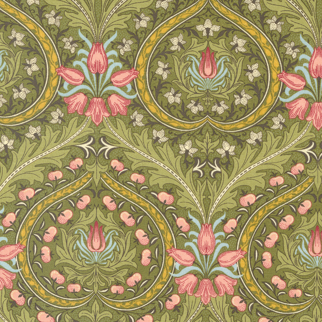 Barbara Brackmanin Morris Meadow kokoelman Eden Damask Fennel Green puuvillakangas, hienoa kukkakuvioilla vihreällä pohjalla