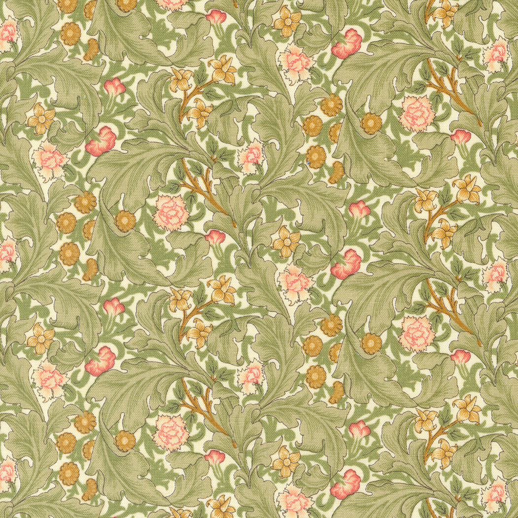 Barbara Brackman, Morris Meadow kokoelman 8374-11 Liecester Porcelain puuvillakangas, klassinen kukkakuviot vihreän-persikansävyinen