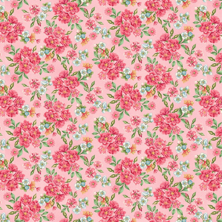 Vaaleanpunainen puuvillakangas kukkakuviolla, Bella Coco Studios Tweets & Threads -kokoelma, Flower Toss Pink 3001-22.