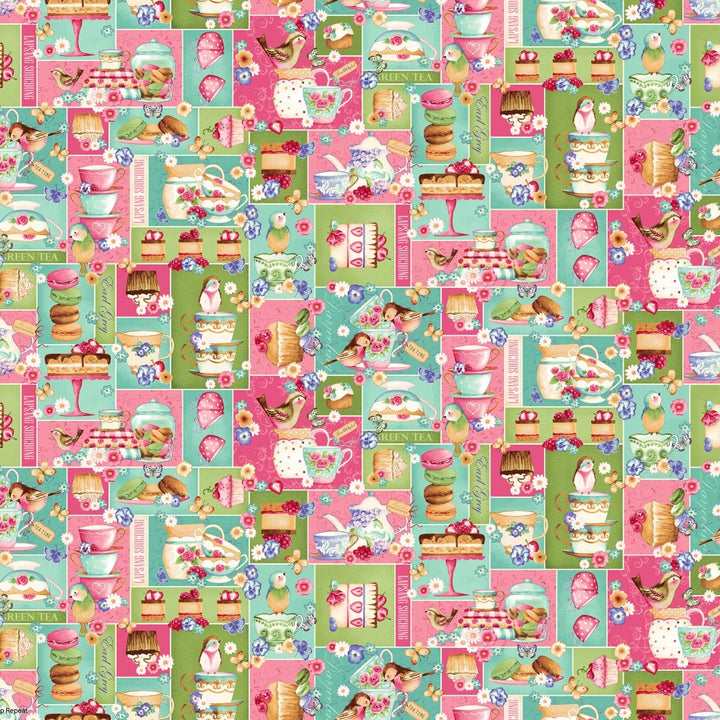Puuvillakangas teekuppi, lintu, kukkakuviolla, Bella Coco Studios Tweets & Threads -kokoelma, Patchwork Sky Blue 3002-17.