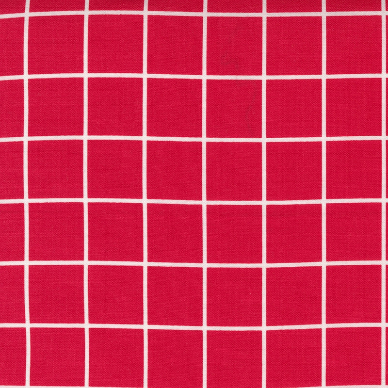 One Fine Day 55235-11 Windowpane Red -puuvillakangas, punainen pohja ja valkoiset ruudut.