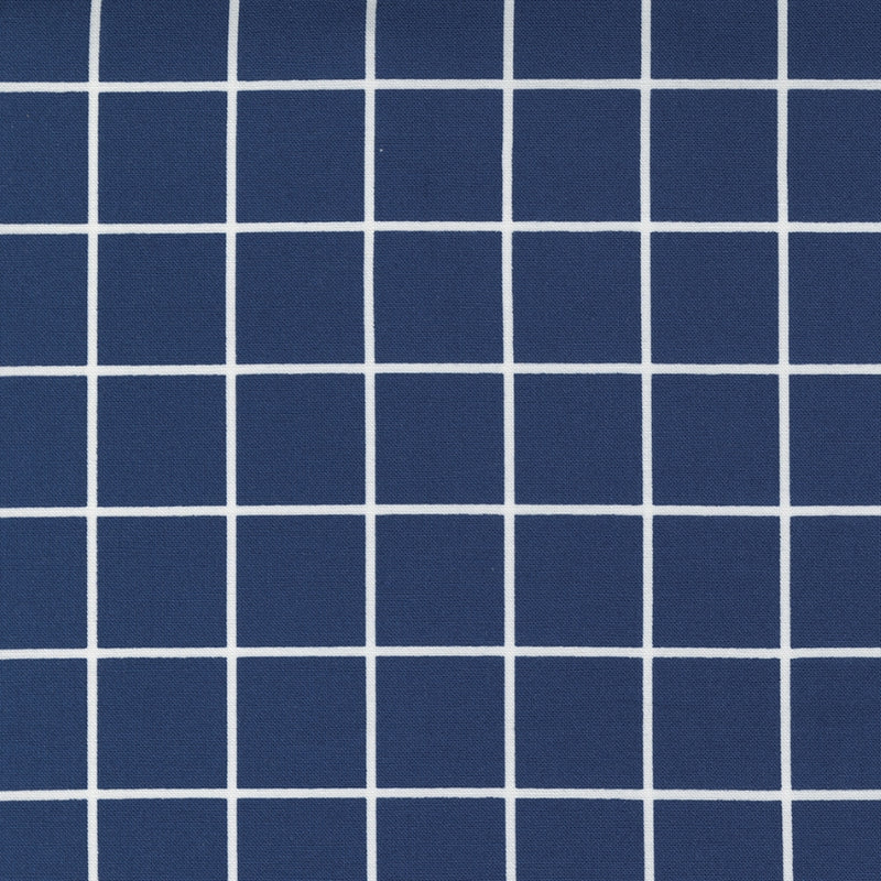 One Fine Day 55235-18 Windowpane Navy -puuvillakangas, tummansininen pohja ja valkoiset ruudut.