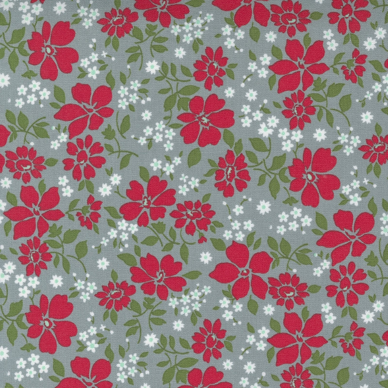 Merry Little Christmas 55243-17 Winterberry Silver puuvillakangas – joulukukkia harmaalla taustalla