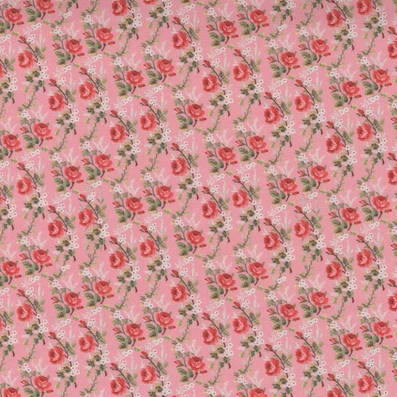 Vaaleanpunainen puuvillakangas, jossa vintage-tyylisiä punaisia kukkia– Cathe Holden LLAG 7405-12 Petal.