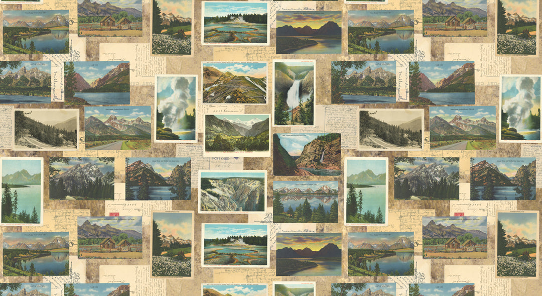 Cathe Holdenin Outdoorsy kokoelman Tan Mountain Postcards 7382-12 puuvillakangas, vuorikorttikuvioilla