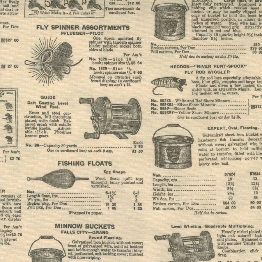 Puuvillakangas, jossa vintage-tyylisiä kalastusvälinemainoksia ja piirroskuvia – Cathe Holden Outdoorsy Fishing Tackle 7384 11.