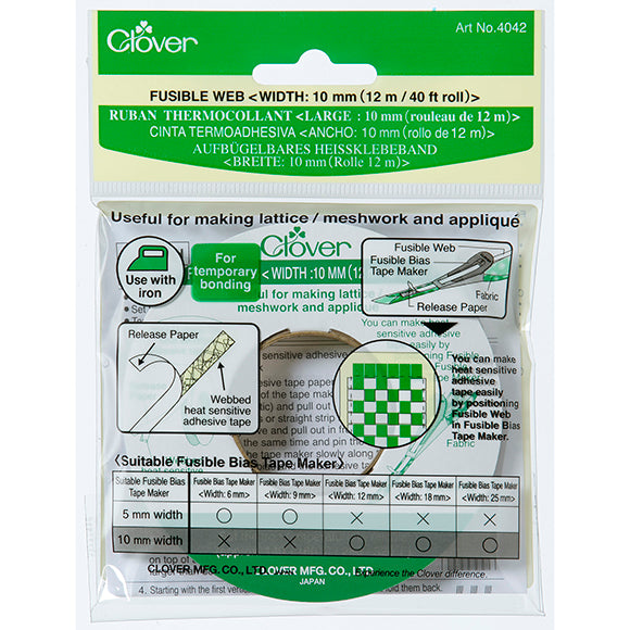 Clover Fusible Web liimanauha 10mm 4042, lämpöaktivoituva verkkomainen kiinnitysnauha rullalla