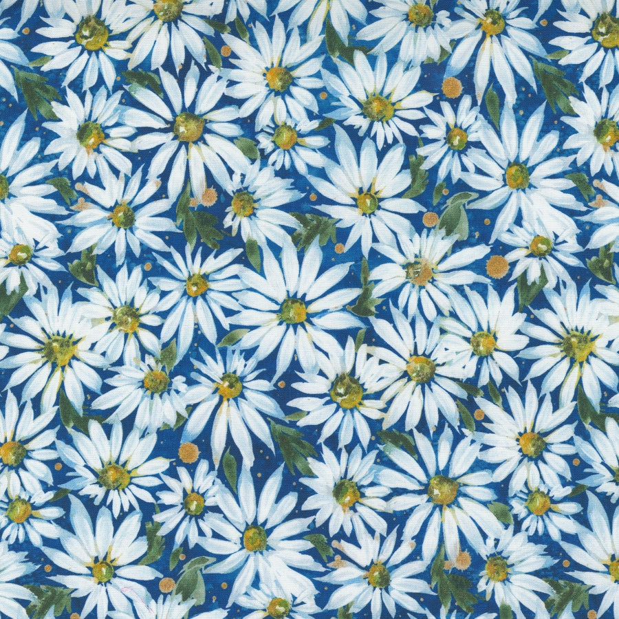 Puuvillakangas valkoisilla päivänkakkaroilla ja koboltinsinisellä taustalla – Fresh As A Daisy 8496-12, Moda / Create Joy Project