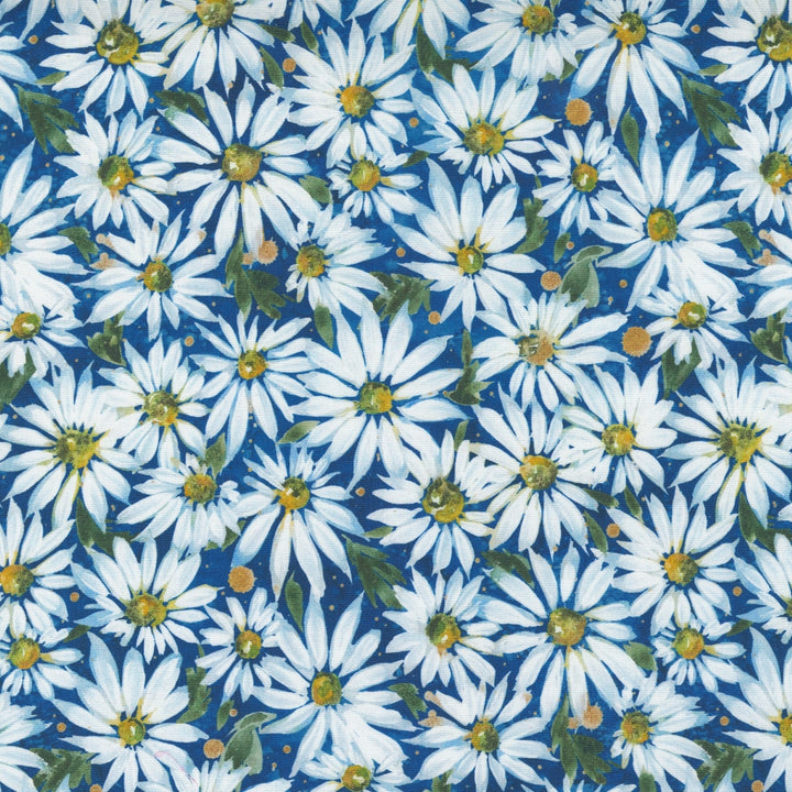 Puuvillakangas valkoisilla päivänkakkaroilla ja koboltinsinisellä taustalla – Fresh As A Daisy 8496-12, Moda / Create Joy Project