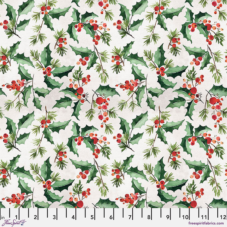 Tim Holtz Wonderland Jolly Holly White FNTH003, luonnonvalkoinen flanelli jouluinen orjanruusu- ja havukuosi