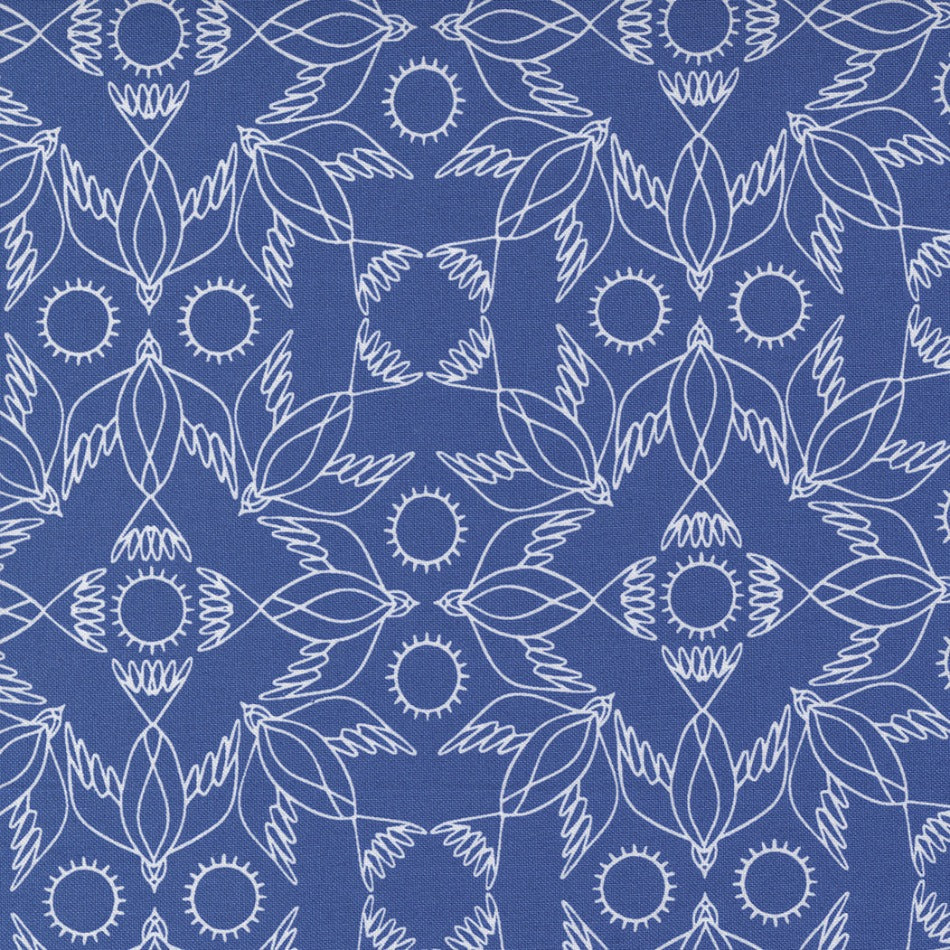 Gingiberin Birdsong kokoelman  Kaleidoscope Bird Bluebird puuvillakangas, graafinen lintukuvio sinisella pohjalla