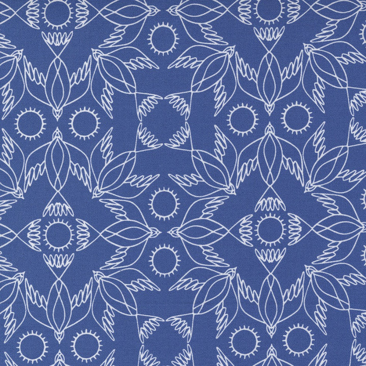 Gingiberin Birdsong kokoelman  Kaleidoscope Bird Bluebird puuvillakangas, graafinen lintukuvio sinisella pohjalla