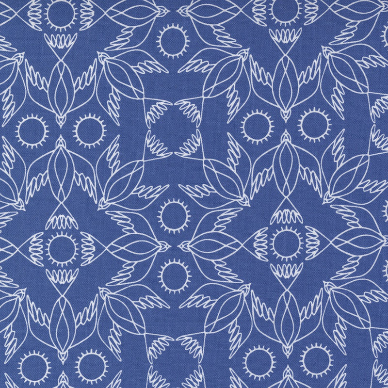 Gingiberin Birdsong kokoelman  Kaleidoscope Bird Bluebird puuvillakangas, graafinen lintukuvio sinisella pohjalla