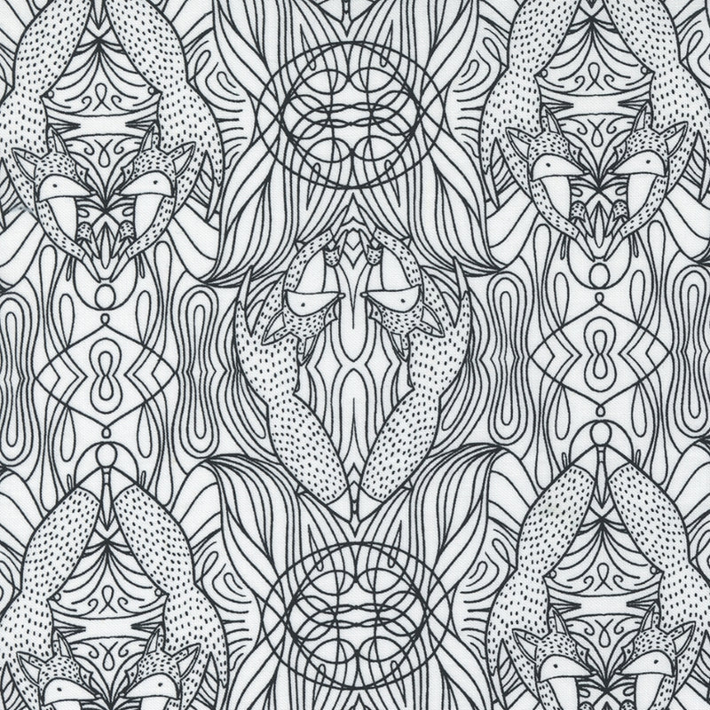 Gingiber Nocturnal Hidden Foxes Moon puuvillakangas, graafinen kettukuvio vaalealla pohjalla