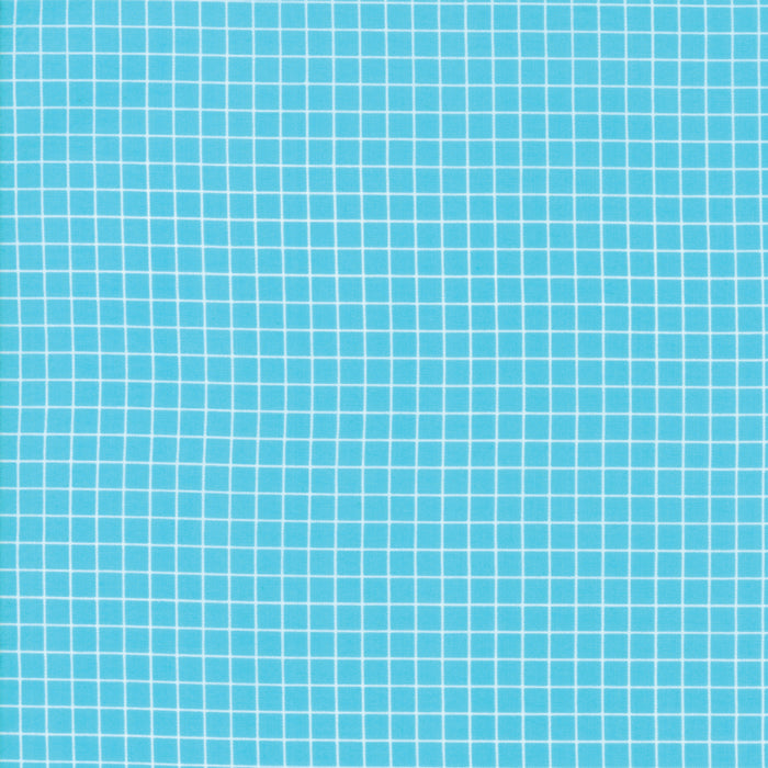 Ruby Star Society Grid Pool puuvillakangas — valkoinen epäsäännöllinen ruudukko kirkkaalla turkoosilla pohjalla
