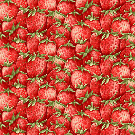 Jane Shaskyn suunnittelema Strawberry Garden kokoelman Packed Strawberries Red puuvillakangas, punaiset mansikat