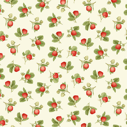 Jane Shaskyn Strawberry Garden kokoelman Small Tossed Strawberries Multi puuvillakangas, mansikka-kuviot vaalealla pohjalla.