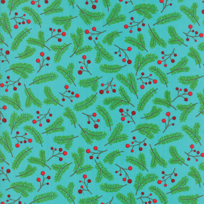 Turkoosipohjainen puuvillakangas, jossa vihreitä havunoksia ja punaisia marjoja – Jingle Birds 33252-13, Moda Fabrics