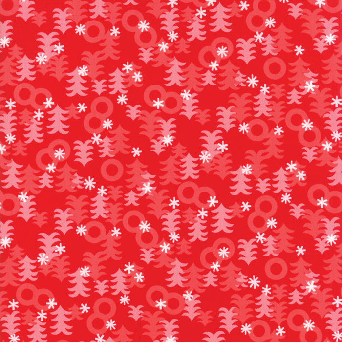 Punapohjainen joulukangas, jossa vaaleanpunaisia kuusia ja valkoisia lumihiutaleita – Jingle Birds 33255-15, Moda Fabrics