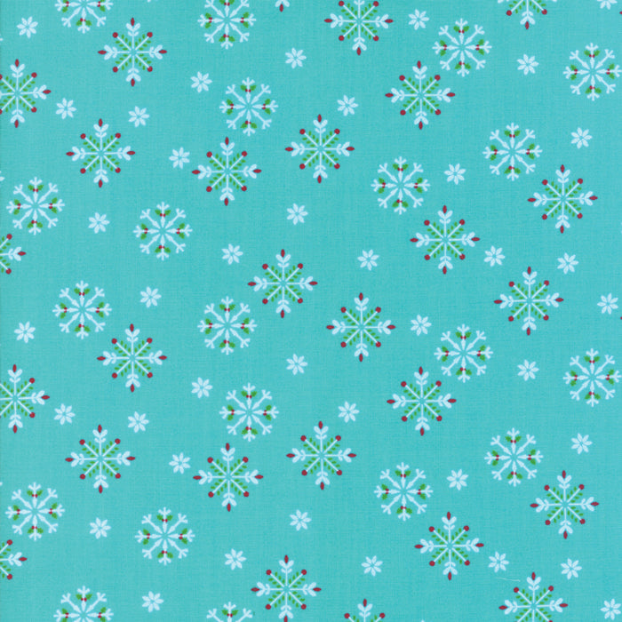 Turkoosi puuvillakangas, jossa valkoisia ja vihreitä lumihiutalekuvioita – Jingle Birds 33254-13, Moda Fabrics