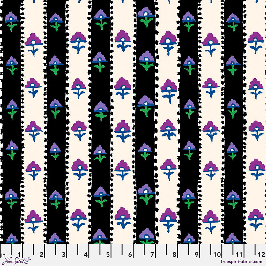 Kaffe Fassett Collectiven Spring 2023/Stash kokoelmasta Shiraz Contrast PWGP194.CONTRAST puuvillakangas, mustavalkoinen ruuudullinen, violetin sävyisellä kukkakuvioilla