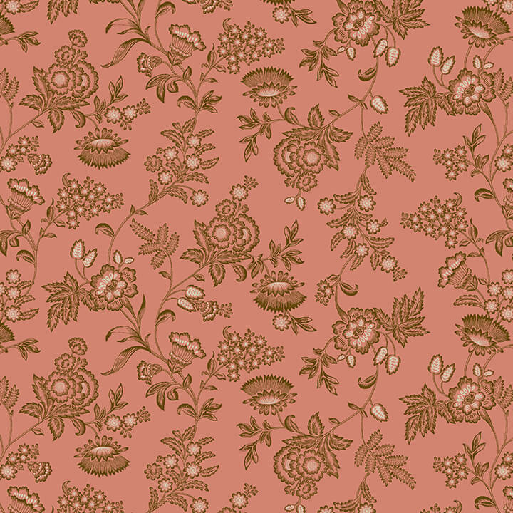 Kim Diehl, Chocolate Covered Cherries - 199-22 Pink Fancy Leaves puuvillakangas, vaaleanpunainen pohjalla kukkakuviot