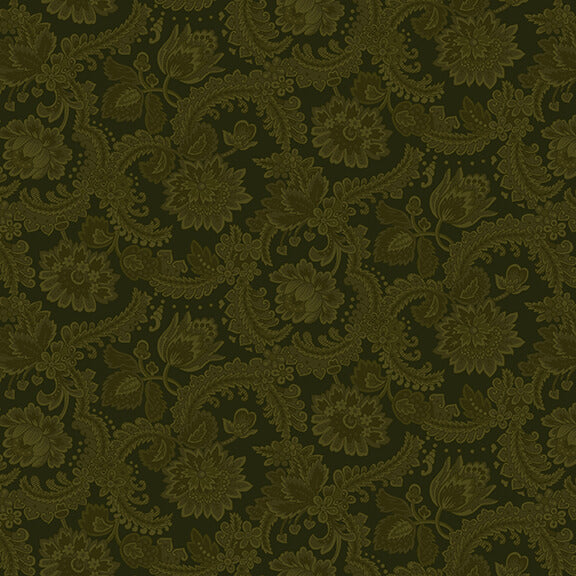 Kim Diehlin Harvest Hill kokoelmasta Pine Green Foulard 9913-66 puuvillakangas, klassiset kukkakuviot tummanvihreällä taustalla, täydellinen tilkkutöihin ja ompeluprojekteihin.