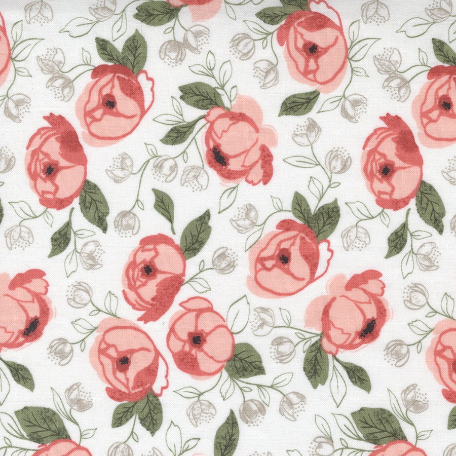 Lella Boutique Country Rose 5170-11 Cloud Country Bouquet puuvillakangas, vaalea tausta ja teeruusu-sävyiset kukkakuviot.