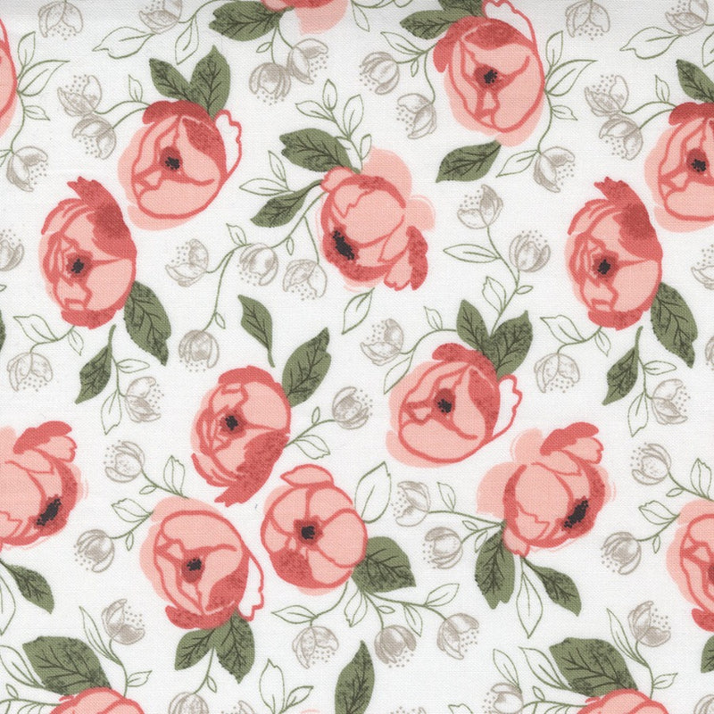 Lella Boutique Country Rose 5170-11 Cloud Country Bouquet puuvillakangas, vaalea tausta ja teeruusu-sävyiset kukkakuviot.