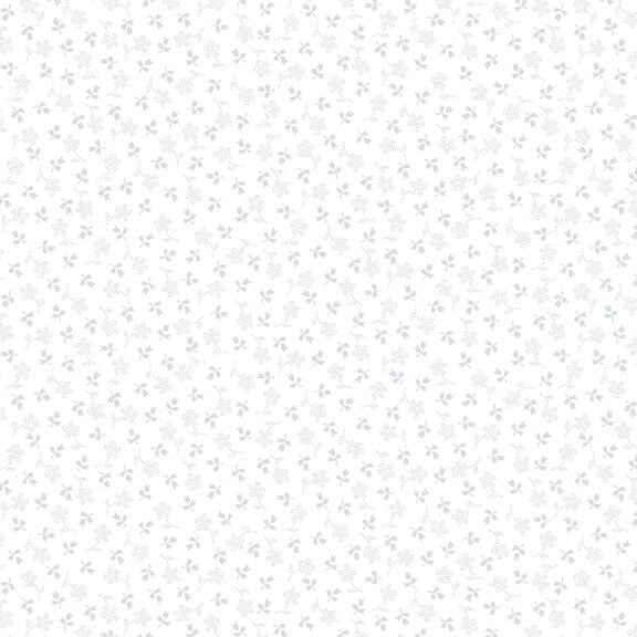 Quilters Flour IV Tiny Tulips 408-01W valkoinen puuvillakangas, valkoisella painettu tulppaanikuvio. White on white -kangas tilkkutöihin