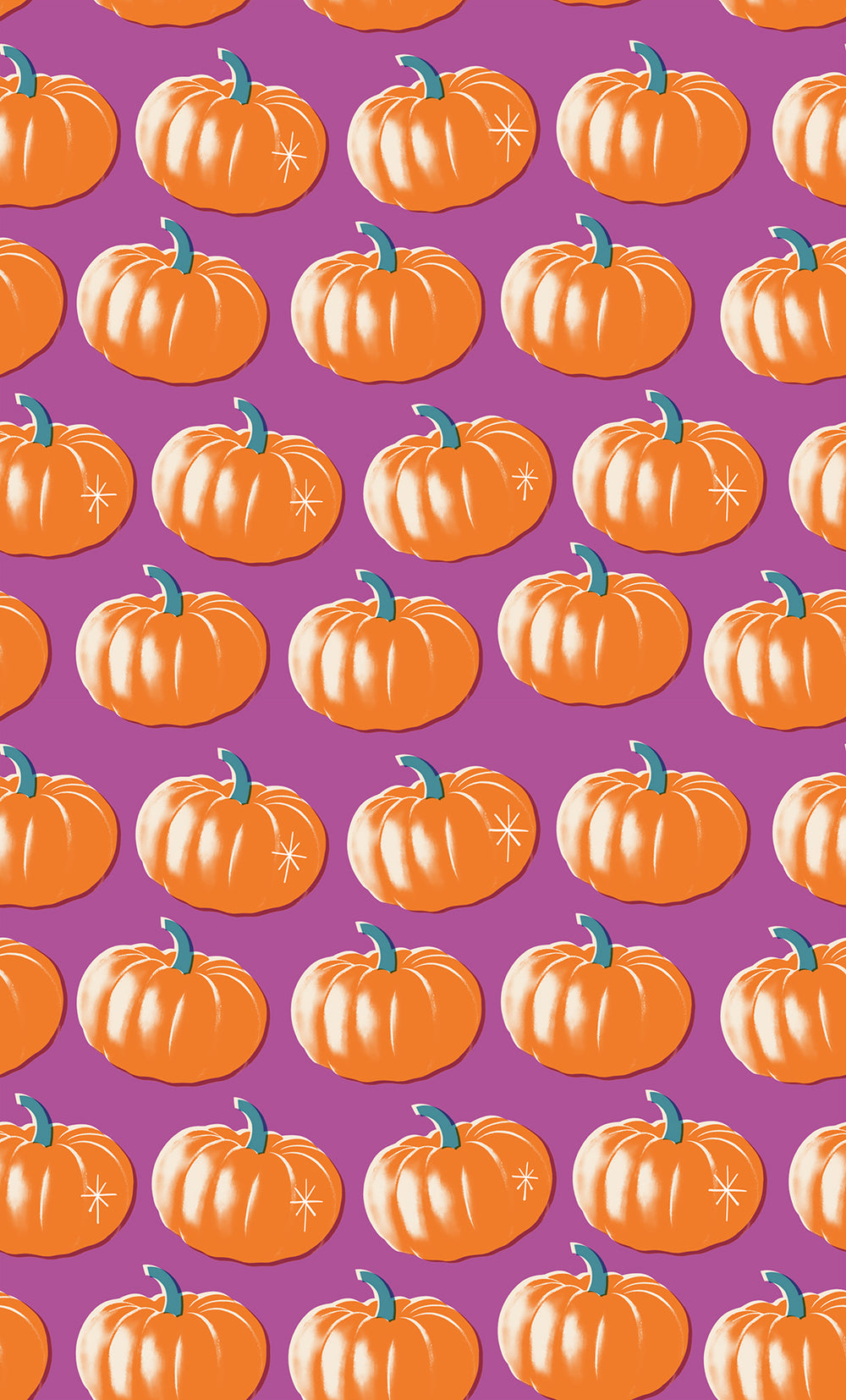 Violettipohjainen Ruby Star Society Spooky Darlings RS5075-13 Witchy puuvillakangas, jossa oransseja kurpitsoja riveissä.