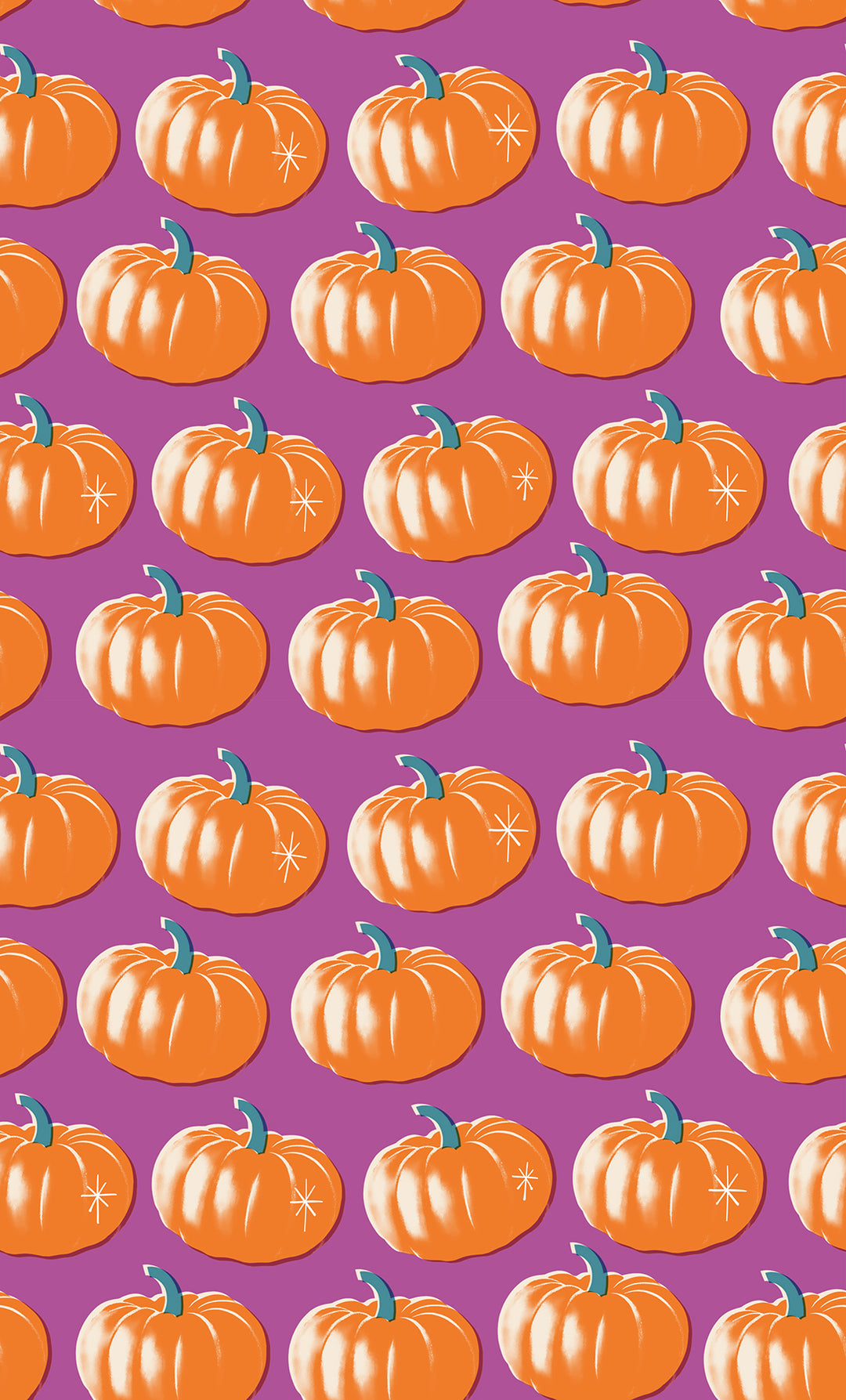 Violettipohjainen Ruby Star Society Spooky Darlings RS5075-13 Witchy puuvillakangas, jossa oransseja kurpitsoja riveissä.
