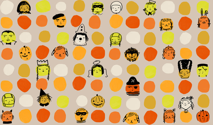 Beigepohjainen Ruby Star Society Spooky Darlings RS5071-11 Khaki puuvillakangas, jossa värikkäitä pilkkuja ja Halloween-hahmoja.
