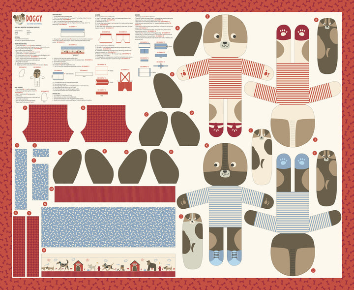Dog Daze -paneelikangas – sisältää valmiit kuviot kahdelle isolle ja neljälle pienelle koirannukelle. 100% puuvillaa, Moda Fabrics -laatua