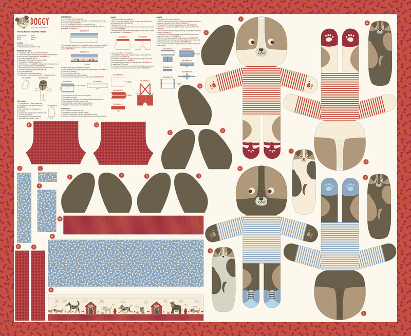 Dog Daze -paneelikangas – sisältää valmiit kuviot kahdelle isolle ja neljälle pienelle koirannukelle. 100% puuvillaa, Moda Fabrics -laatua