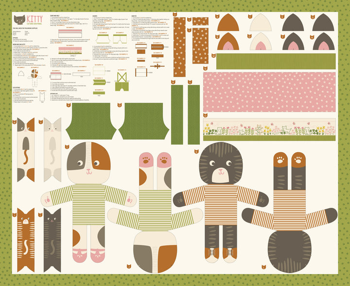 Here Kitty Kitty -paneelikangas – sisältää valmiit kuviot kahdelle isolle ja neljälle pienelle kissanukelle. 100% puuvillaa, Moda Fabrics -laatua.