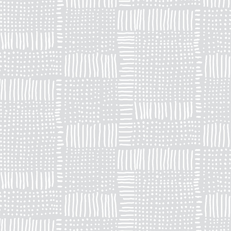 Moda-kankaiden Whispers-kokoelman Dash Dot Zen Grey -kuvioinen 100% puuvillakangas, suunnittelija Studio M, sopii tilkkutöihin ja käsitöihin.