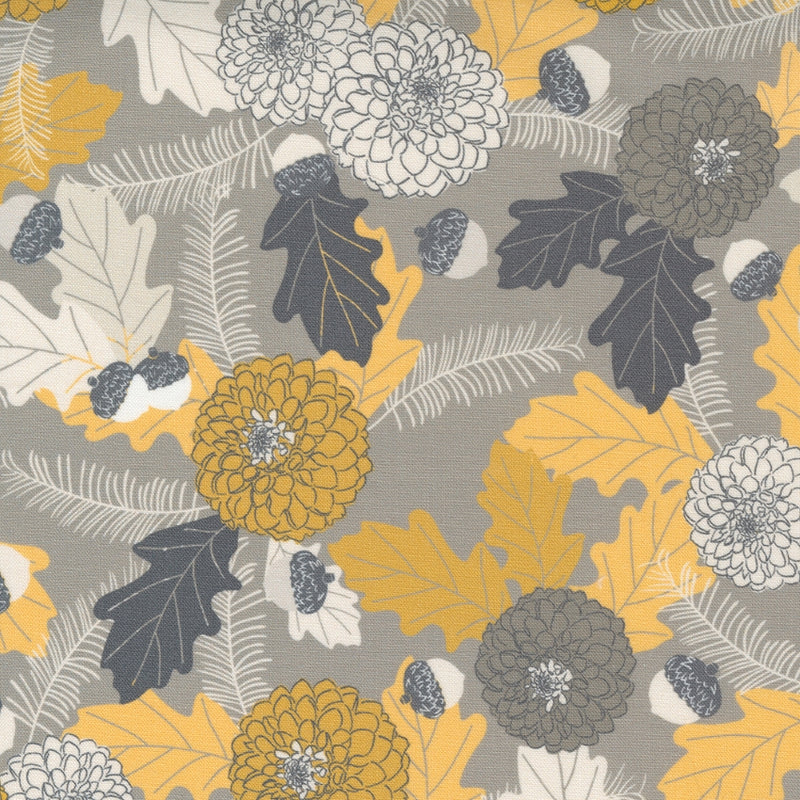 Sweetfire Road Through the Woods Flint puuvillakangas kukka- ja lehtikuviolla harmaan ja keltaisen sävyissä