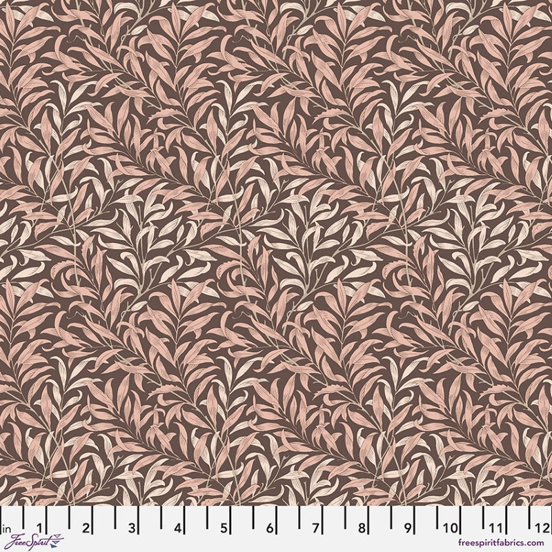 Original Morris&Co.lta Thameside kokoelman Willow Boughs Chocolate PWWM030.CHOCOLATE puuvillakangas, ruskealla pohjalla lehti kuviot