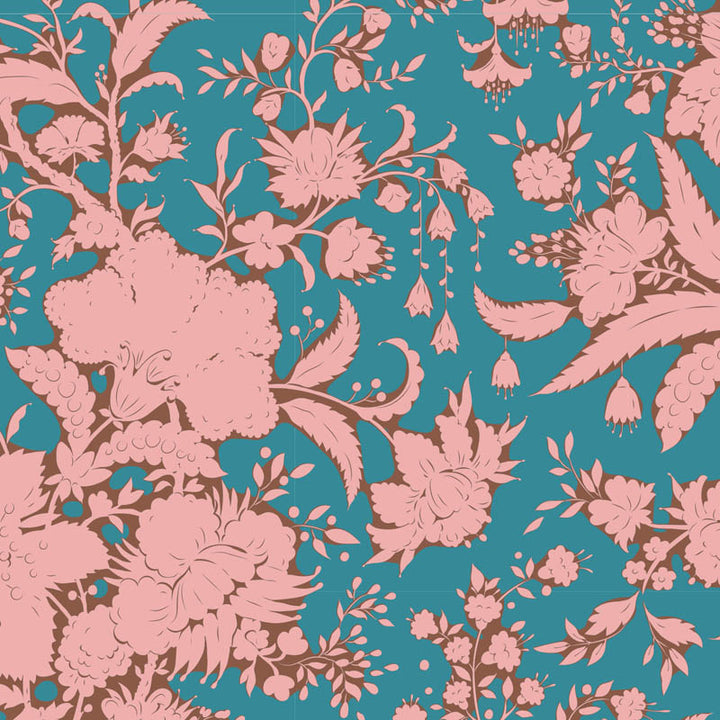 Abloom-kangas Bloomsville-kokoelmasta. Petrol turkoosi ja vaaleanpunainen kukkakuosi, joka tuo eloa käsitöihisi.