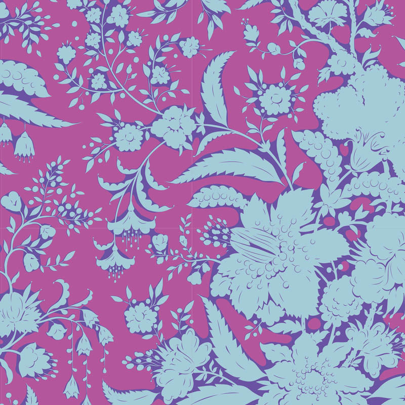 Abloom Plum -kangas Bloomsville-kokoelmasta. Lilan ja sininen kukkakuosi, täydellinen tilkkutöihin ja värikkäisiin käsityöprojekteihin.