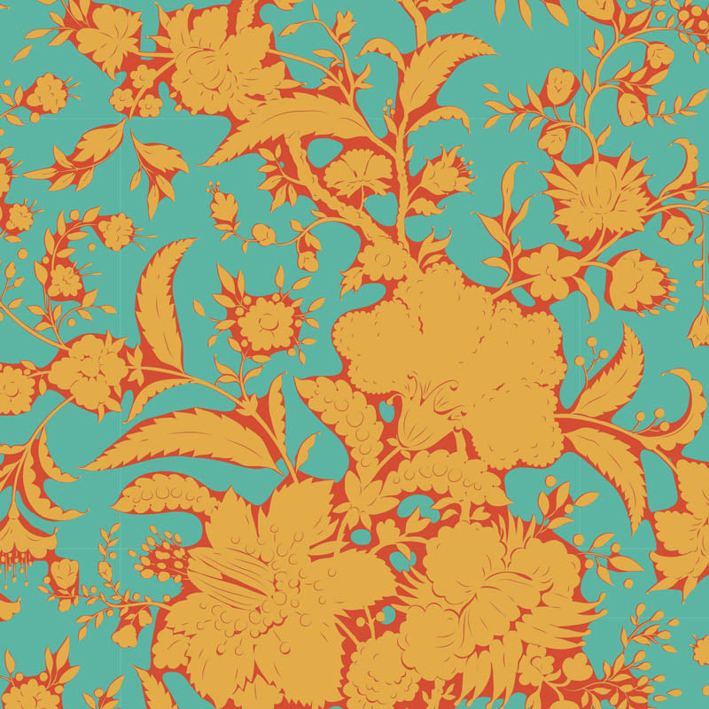 Turquoise Abloom-kangas Bloomsville-kokoelmasta. Turkoosi ja oranssi kukkakuosi, täydellinen tilkkutöihin ja värikkäisiin käsityöprojekteihin.