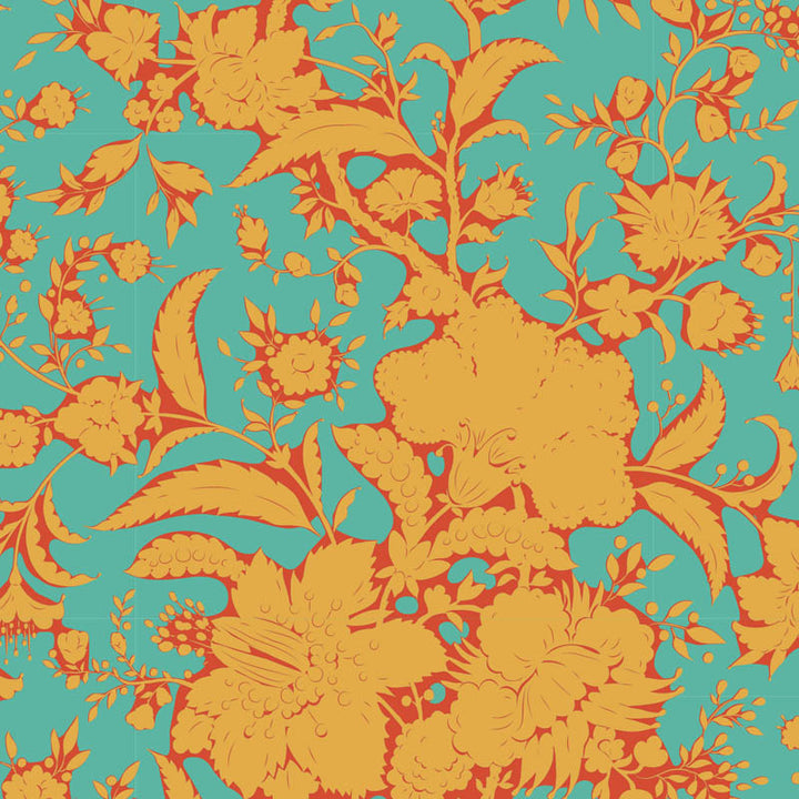 Turquoise Abloom-kangas Bloomsville-kokoelmasta. Turkoosi ja oranssi kukkakuosi, täydellinen tilkkutöihin ja värikkäisiin käsityöprojekteihin.