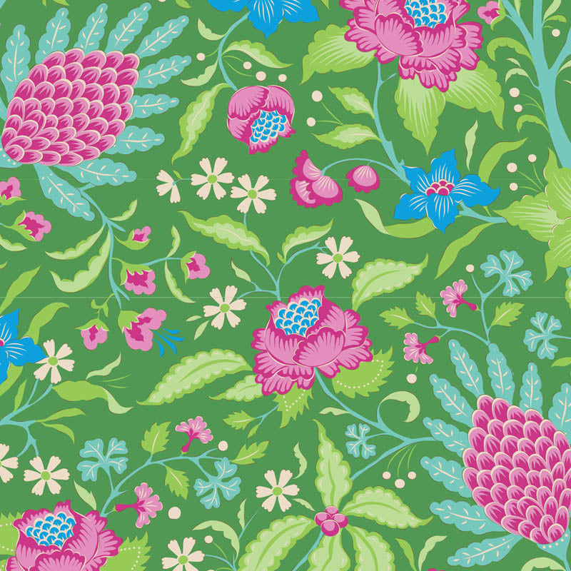 Tilda Bloomsville Flowertangle Green puuvillakangas, värikäs kukkakuosi kesäisiin käsitöihin.