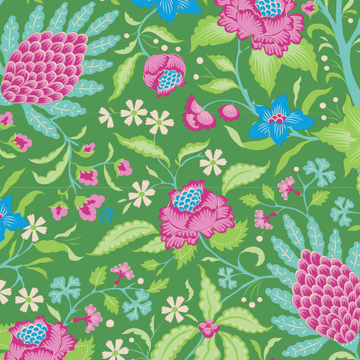 Tilda Bloomsville Flowertangle Green puuvillakangas, värikäs kukkakuosi kesäisiin käsitöihin.