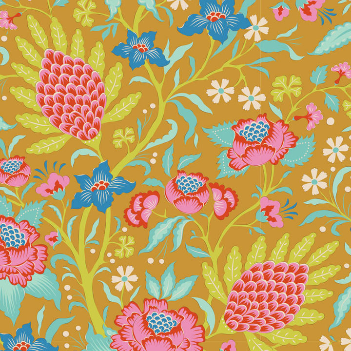 Tilda Bloomsville Flowertangle Mustard puuvillakangas, värikäs kukkakuosi kesäisiin käsitöihin.
