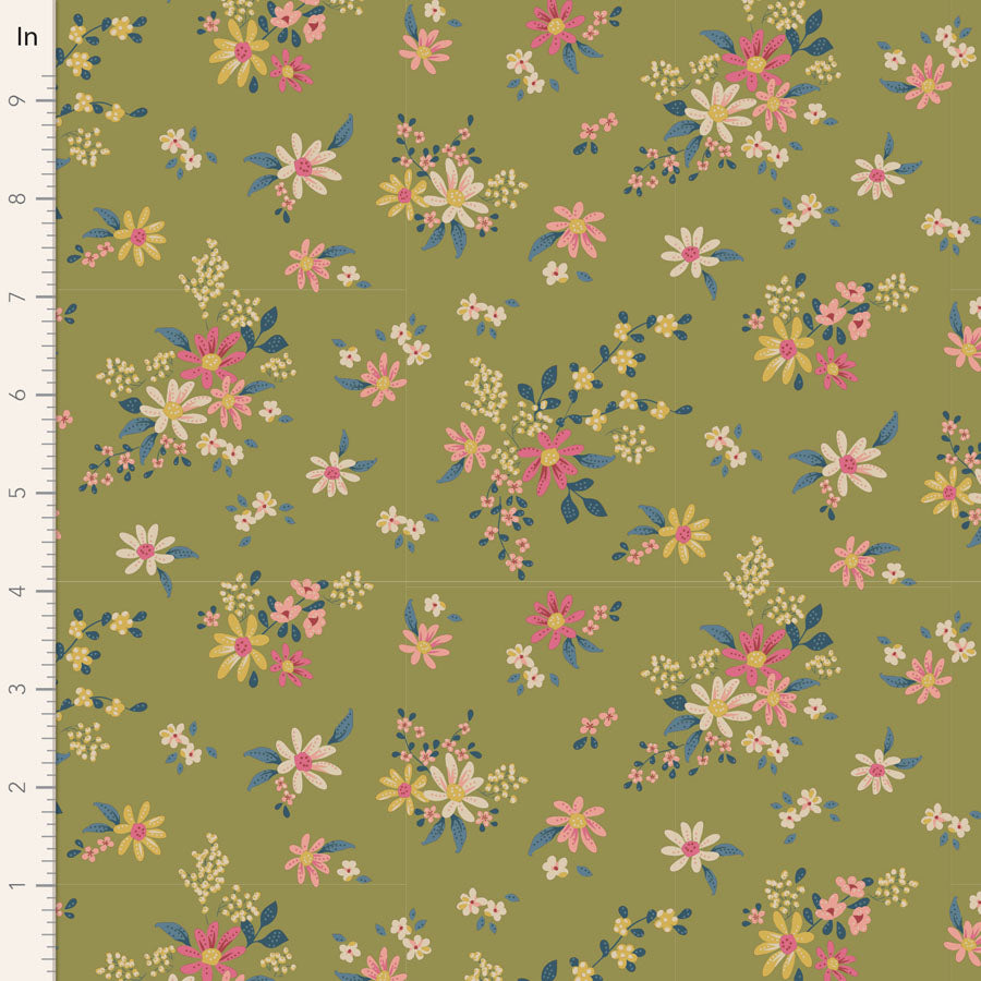 Tilda Chic Escape Daisyfield Green 110049 puuvillakangas, vihreä pohja ja värikkäät kukkakuviot. Sopii tilkkutöihin ja käsitöihin.